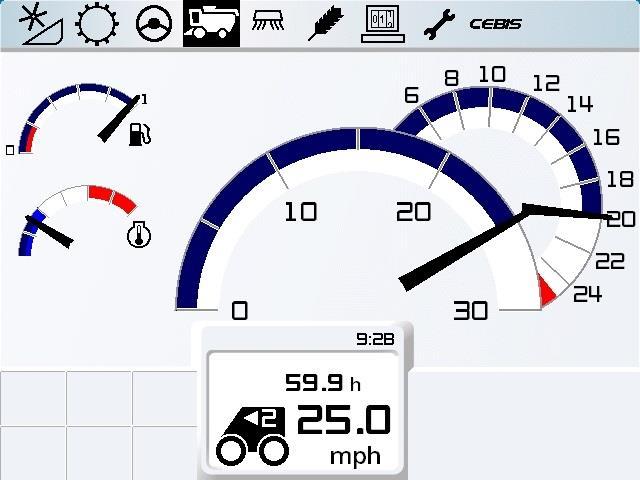 Road travel screen Features 1 1 Main menu header Fuel & DEF levels 3 Coolant temp 4 5 4 Analog speedometer 5