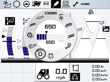 CEBIS rotary dial menu (LEXION 600) Features 1 Reel speed adjust Upper sieve adjust 3 Lower sieve adjust 4 Feederhouse speed adjust 5 Display brightness adjust 6