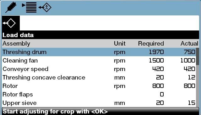 Step 10: Load crop settings When to perform: when changing to a new crop type Navigate to: / Options Lists CLAAS