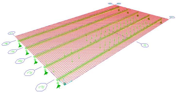 13 Figure 2-9. Three dimensional finite element modeling example Analyses of 10 single span concrete I girder bridges with skew were performed to develop s for bridges with skew.