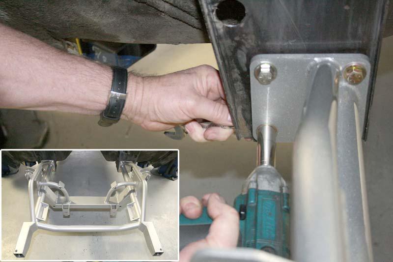 5. Finish Bolting Clip to Car. Install the balance of the washers and lock nuts and tighten securely as shown. Finished bolt on clip is shown in lower picture.