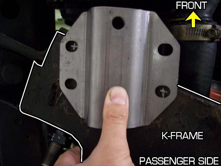 Position the entire assembly up to the K-member. The bracket should mate up to the k-member as shown below.