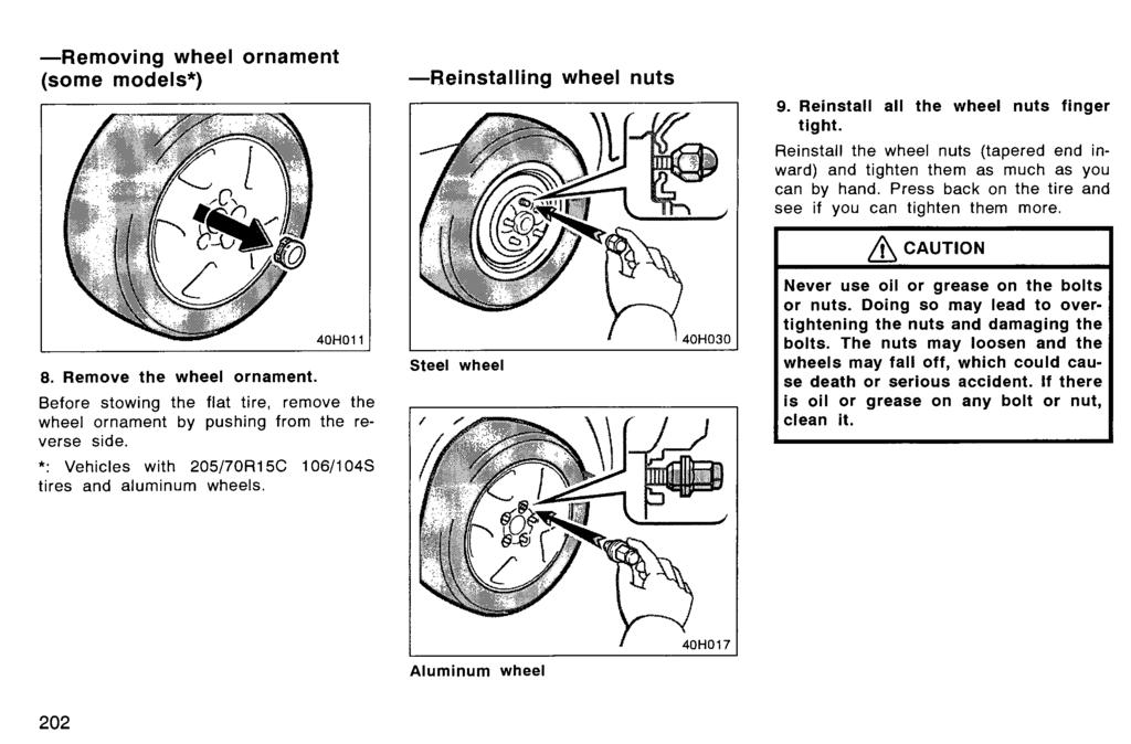 -Removing wheel ornament (some models*) 8. Remove the wheel ornament. 40H011 Before stowing the flat tire, remove the wheel ornament by pushing from the reverse side.