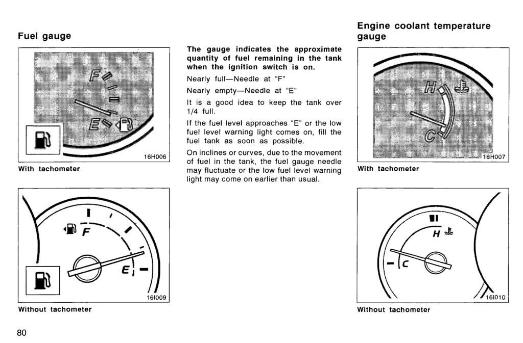 Fuel gauge With tachometer I ~~F--"~ \.. The gauge indicates the approximate quantity of fuel remaining in the tank when the ignition switch is on.