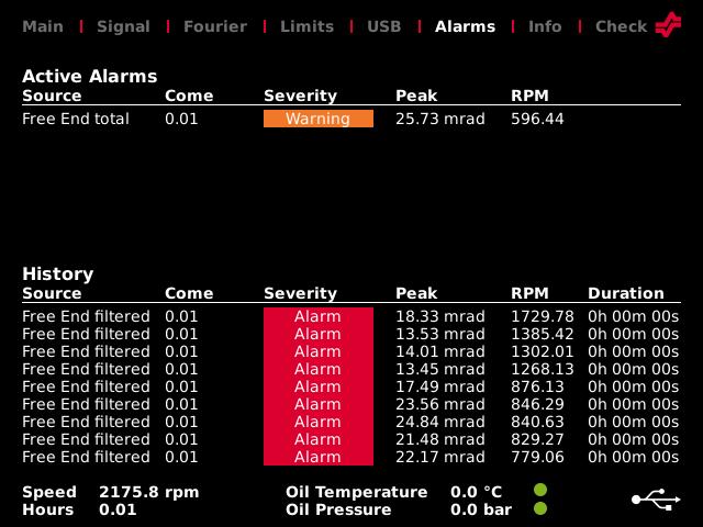 Alarms view The alarm log displays two sections: one containing active alarms and one containing already passed alarms. Fig.