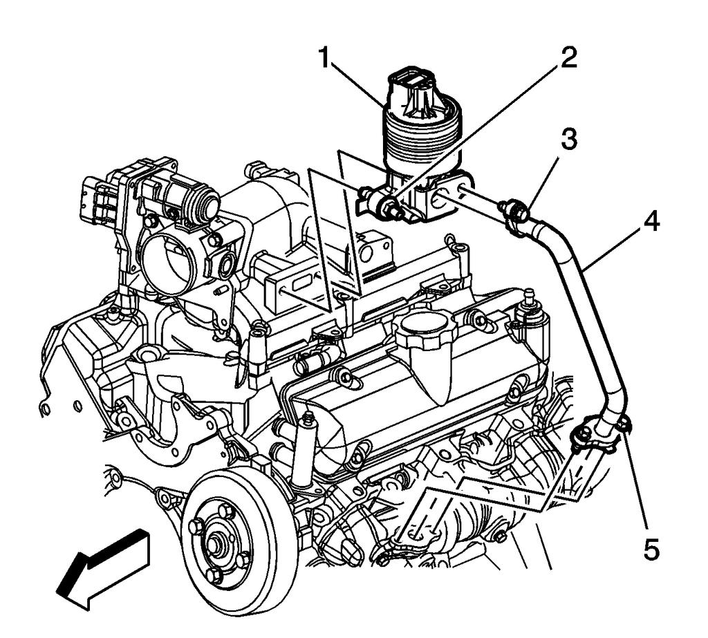 11. Install the new EGR valve, P/N 12581876 (1) with a new EGR gasket, P/N 12593632 to the intake manifold. 12. Install the EGR valve bolts (2). 13. Install the EGR valve bolts (2). Refer to the Fastener Notice in the Service Manual.