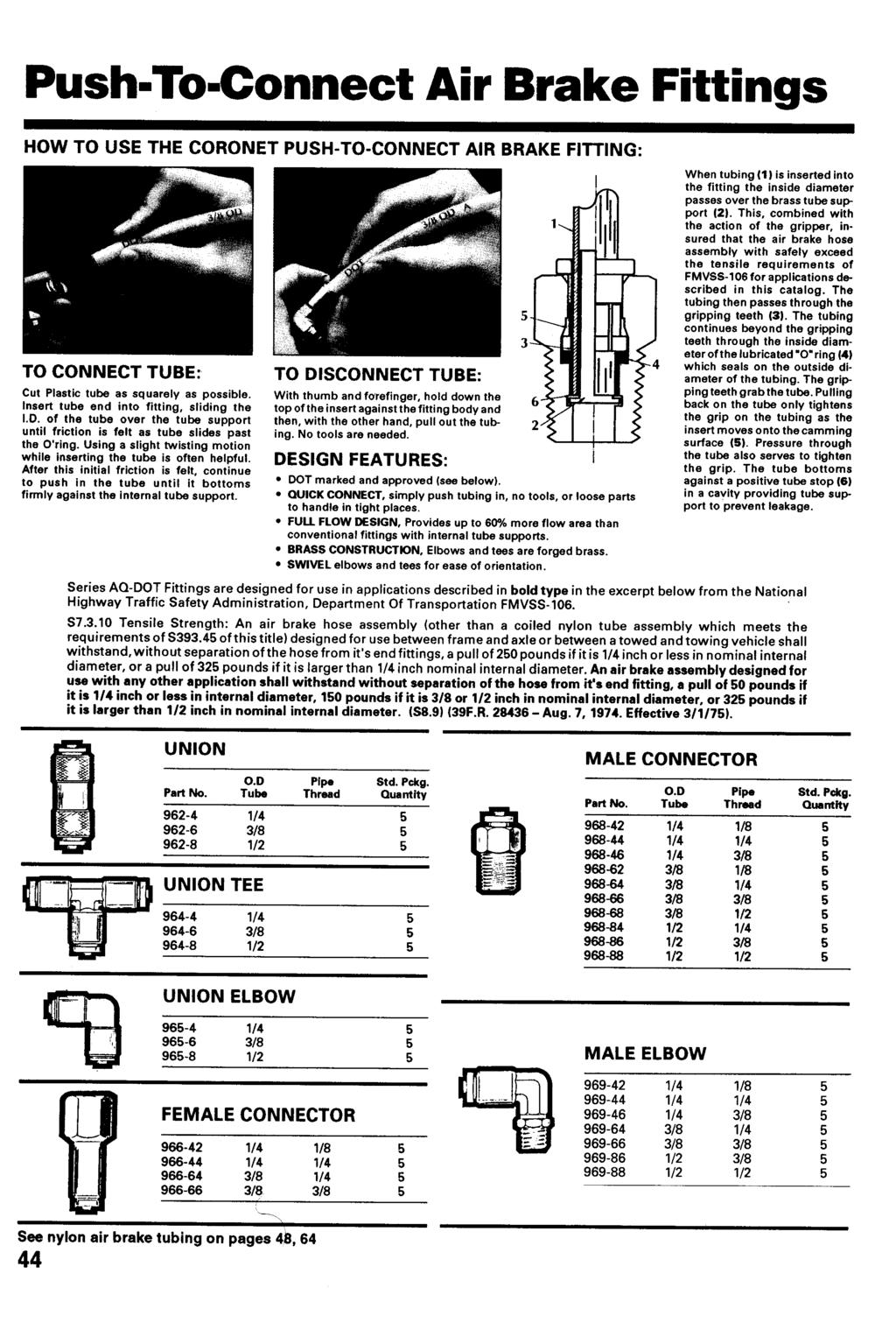 Push-To-Connect Air Brake Fittings HOW TO USE THE CORONET PUSH-TO-CONNECT AIR BRAKE FITTING : TO CONNECT TUBE : TO DISCONNECT TUBE : Cut Plastic tube as squarely as possible.