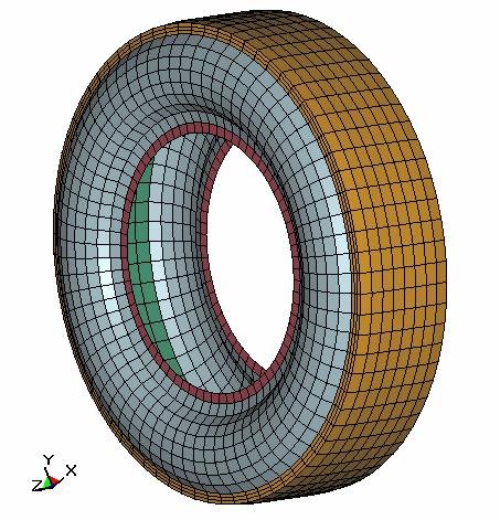 In order to best transmit contact forces between the tire bead coils and the wheel rim, the bead coils were modeled using two rings of shell elements with elastic properties and a relatively high