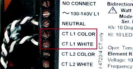 resistance between CT coil connections CT L1 COLOR and CT L1 WHITE on the net watt-hour meter (Figure 1-23).