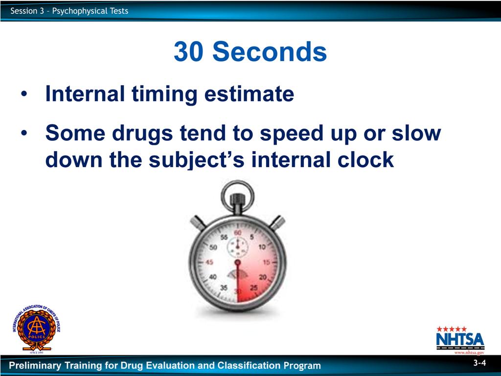 Emphasize that the DRE must not instruct the subject as to how they are to estimate the passage of 30 seconds.