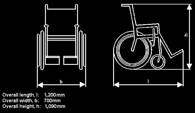 Note: A wheelchair user seated in the wheelchair adds 50mm to the overall length and makes a height of 1,350mm above the ground Figure 8 Reference Wheelchair 3.6.4.