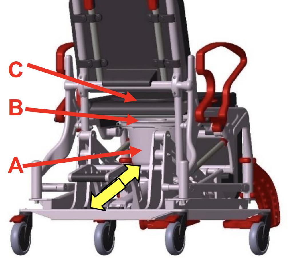To remove, lift the commode pan slightly and then pull it out. The armrests must be latched in position in order to prevent the patient from falling off.