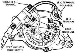 To install: 9. Position the alternator assembly against the engine. 10. Loosely install the pivot bolt, washers, and nut. 11. Attach all wiring connectors to the alternator. 12.