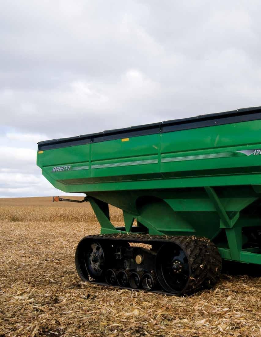 Augers Brent 82 series grain carts feature corner-auger positioning for the greatest unloading height