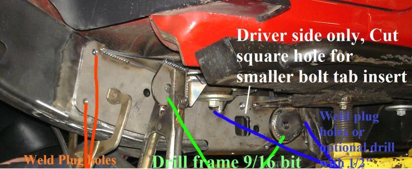 24. Driver side will need a square hole cut into frame (same as the hole on the frame on passenger side). This is for nut access for the driver side rear lower arms. Use bracket as template for cut.