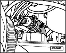 Page 18 of 40 19-15 - Loosen bleeder screw on lower coolant line (arrow) under expansion tank (if necessary, unbolt expansion tank).