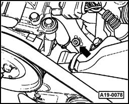 - Loosen bleeder screw on front coolant line (arrow) between power steering pump and left-side of cylinder head.