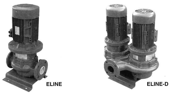 VERTICAL IN-LINE PUMP TECHNICAL FEATURES ELINE: Vertical centrifugal pumps, single impeller, volute casing, non-self priming pump, in-line executive, with mechanical seal.