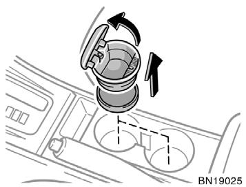 Use a Toyota genuine cigarette lighter or equivalent for replacement. PORTABLE ASHTRAY The ashtray can be removed and used outside the vehicle. To use the ashtray, pull up the lid.