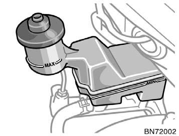 Checking brake fluid To check the fluid level, simply look at the see through reservoir. The level should be between the MAX and MIN lines on the reservoir.