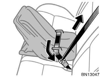 3. While pressing the infant seat firmly against the seat cushion and seatback, let the shoulder belt retract as far as it will go to hold