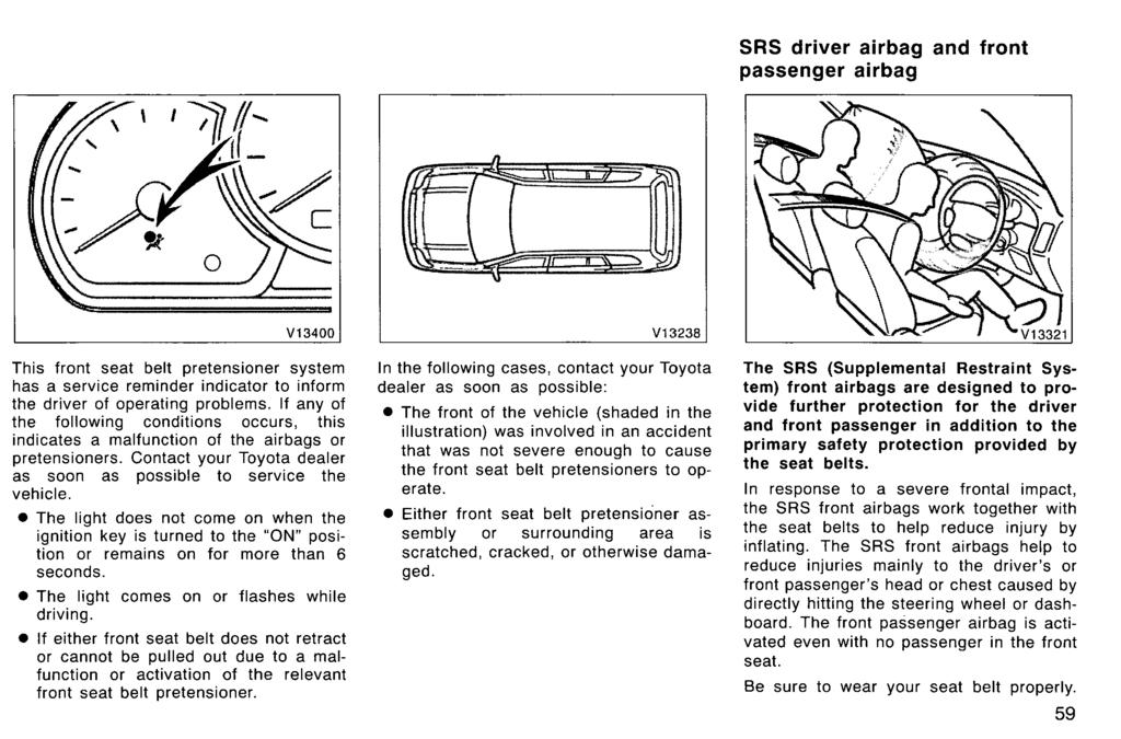 SRS driver airbag and front passenger airbag V13400 This front seat belt pretensioner system has a service reminder indicator to inform the driver of operating problems.
