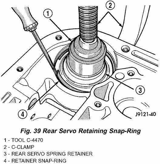25 of 25 9/12/2013 9:07 PM 35. Compress rear servo piston with C-clamp and Tool C-4470, or Valve Spring Compressor C-3422-B (Fig. 39).