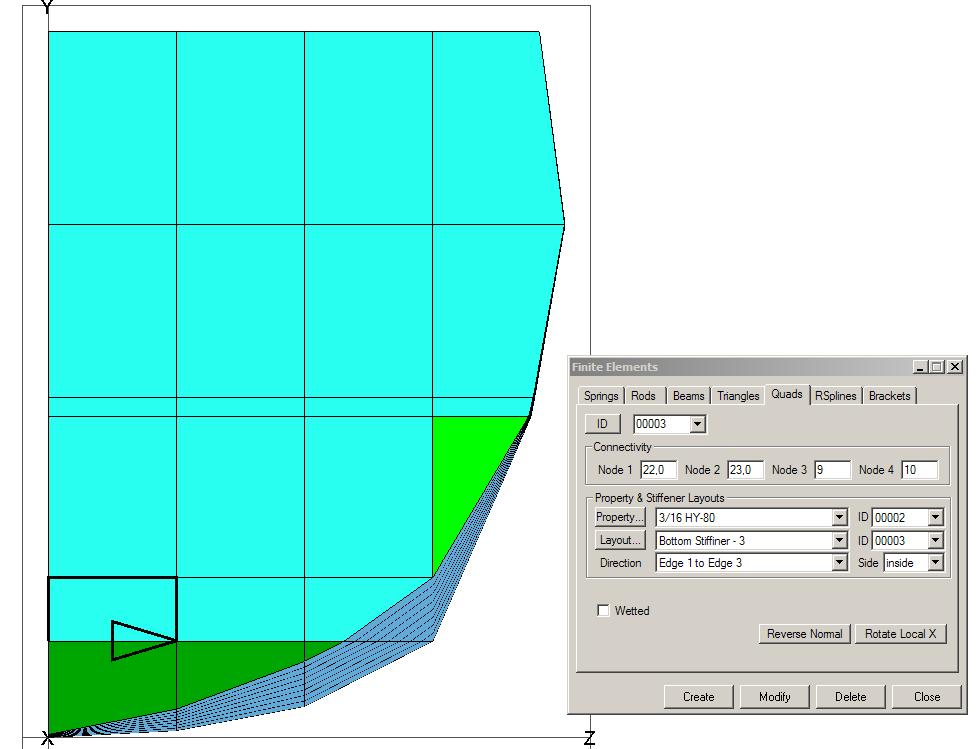 MAESTRO supports seven types of finite elements; however this model only used quads and triangle elements to create the transverse bulkheads and rods to create