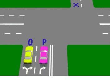 IN012 - Intersections If both vehicles P and O in the diagram are turning right, which vehicle is in the best position to turn left into the street marked 'X'? - Vehicle O. - Vehicle P.