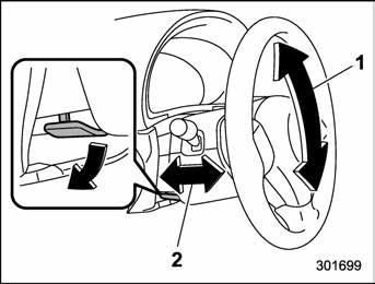 Instruments and controls 3-83 Horn 1) Tilt adjustment 2) Telescopic adjustment 1. Adjust the seat position. Refer to Front seats F1-2. 2. Pull the tilt/telescopic lock lever down. 3. Move the steering wheel to the desired level.