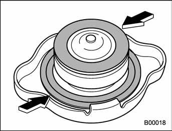 If the reserve tank is empty, remove the radiator cap and refill coolant up to just below the filler neck as shown in the following illustration.