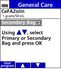 Pump Operating Software v6.05 For Use With MDL Editor v6.2.4 6. Press OK to select secondary bag or use the arrow soft keys to change to primary bag. (See Figure 41.) 7.
