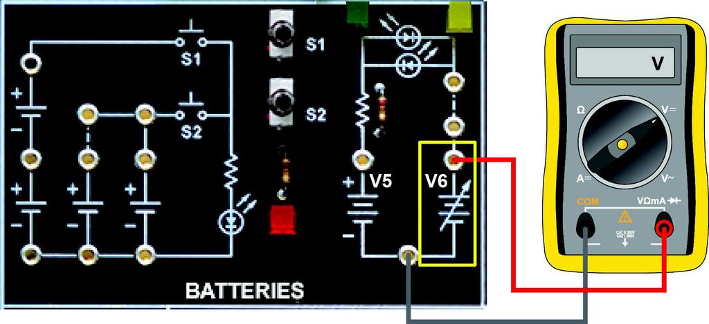 DC Fundamentals Measure the difference of potential between the positive terminals of V5 and V6. The meter indicates near 0V because the a. variable supply is connected to the RED meter lead. b. circuit batteries are series-aiding.