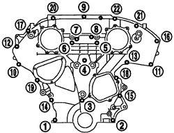 24 inch (6 mm) are torqued to 9 ft. lbs. (13 Nm). 11. Install the upper oil pan front bolts in the order illustrated and tighten to 13 ft. lbs. (17 Nm). 12.