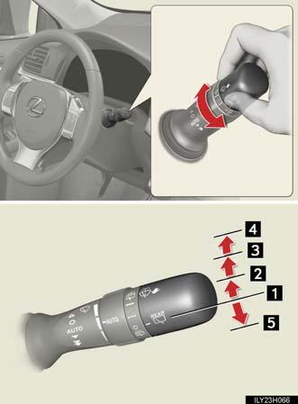 Rear window wiper and washer The wiper is selected by moving the lever as follows: Type A OFF