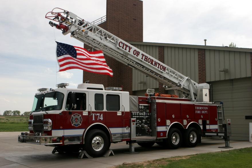City of Thornton Truck 74 2004 Spartan Smeal 75 Aerial The truck is equipped with a 75-foot aerial device, ground ladders, fire pump, water tank, and fire hoses; thus, it is classified as a "Quint.