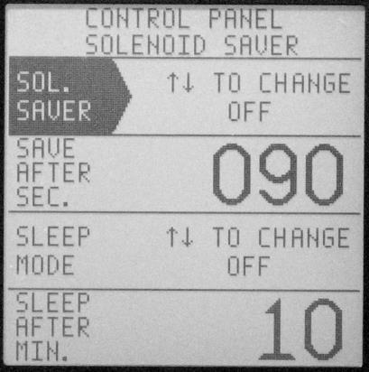 The Solenoid Saver Screen Control Panel Screen 4 This screen is used to Turn ON or OFF the new Solenoid Saver and Sleep Mode features.