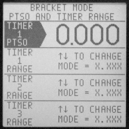 P.T.S.O. and Timer Range Bracket Mode Screen 8 The P.T.S.O. (Programmable Throttle Stop Override) and Timer Range screen will only be enabled by Smart Select if at least one of the Timers is selected on the Bracket Mode Output Control Panel.