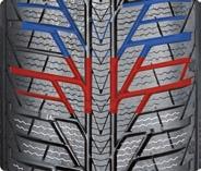 Very good winter performance and handling characteristics. The V-shaped tread in the running direction, with a large number of long edges, improves the development of longitudinal and lateral forces.