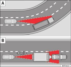 222 Special driving situations Fig. 214 (A) Vehicle on a bend. (B) Motorcyclist ahead out of range of the radar sensor. Operation Fig. 215 (C) Vehicle changing lanes.