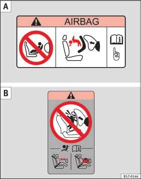 29 Airbag stickers - version 1: on the passenger-side sun blind and on the rear frame of the front passenger's door. Fig.