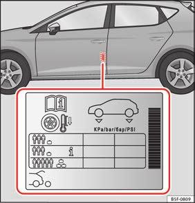 Service life of tyres Fig. 250 Location of the tyre pressure sticker. Correct inflation pressures and sensible driving habits will increase the useful life of your tyres.
