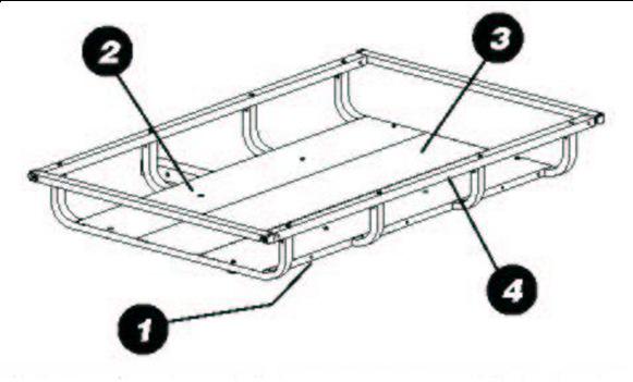 3/8 x 4 Bolt (H) 3/8 Flat washer (O) 2 x 2 Shank Tube (A) ¼ x 1-3/4 Bolt (J) ¼ Flat washer (L) 1 x 1 x 43-1/4 Cross Tube (B) 3. Place the middle Panel (E) on top of the U-Tubes (D).