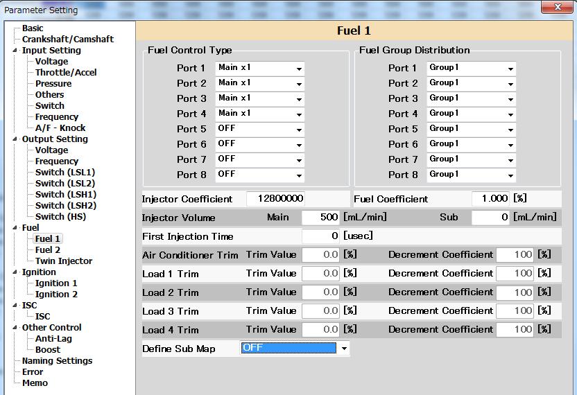 Parameter Setting Fuel 1 Basic setting for fuel control. Fuel control by input load should be set in this menu. For the V-shaped engines, use Fuel Group Distribution to control fuel for each bank.