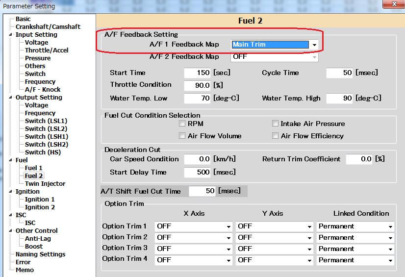 Parameter Setting Fuel 2 A/F Feedback A/F 1 Feedback Map: Select a map to reflect data when fuel is adjusted to make the measured A/F closer to a target A/F by the A/F feedback.