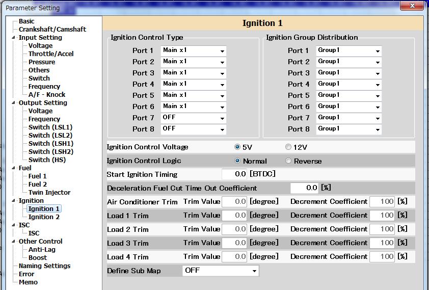 Parameter Setting Ignition 1 Basic setting for the ignition control. Ignition trim control by the load input should be set in this menu.
