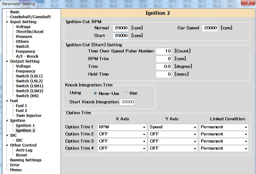 Parameter Setting Ignition 2 Setting for the ignition cut rpm and option trim should be set in this menu Ignition Cut RPM - Normal: The max rpm (ignition REV) under the normal driving mode.