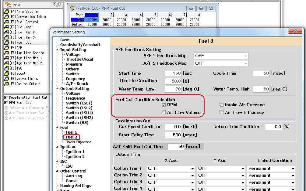Max RPM Setting by Fuel Cut For the maximum RPM setting by fuel cut, check RPM under Fuel Cut Condition Selection in Parameter Setting shown in the left.