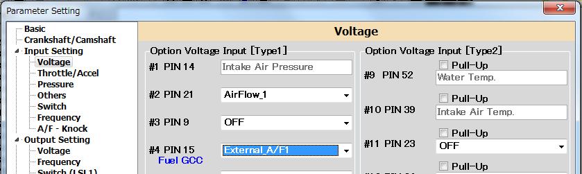 A/F Meter Setting For the A/F meter setting, select External A/F1 to the voltage tab of