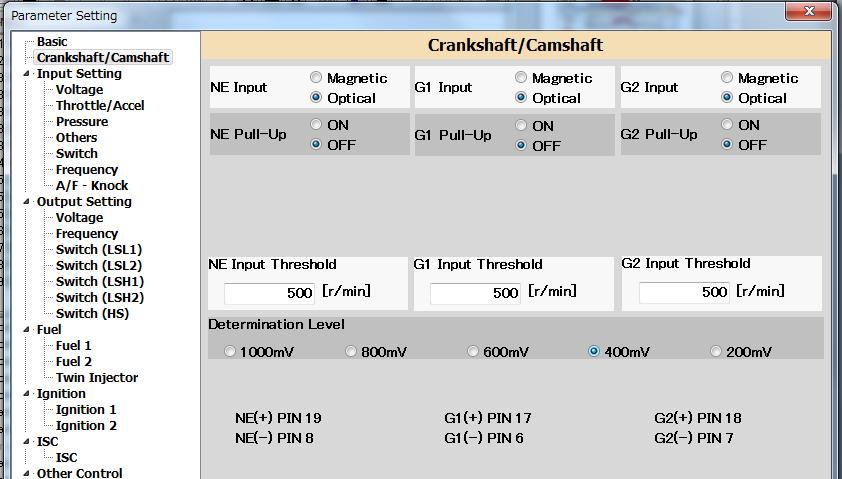 Setting of Crankshaft & Camshaft If the default settings of Crank Cam under Parameter Setting shown